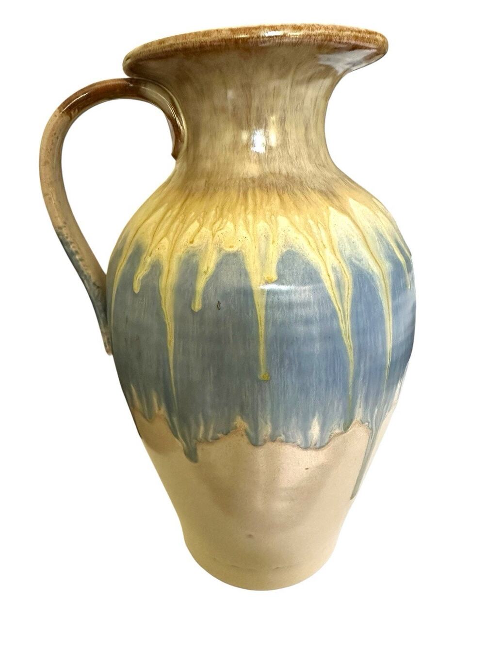 Hand-Thrown Italian Studio Pottery Pitcher Drip Glazed Blue Sand Stoneware 9” T